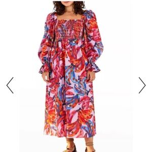 Farm Rio Colorful Bananas Puff Sleeve Smocked Maxi Dress in Small. NWOT